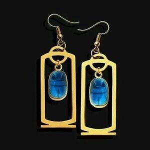 Elegant Scarab Gold and Blue Dangle Earrings